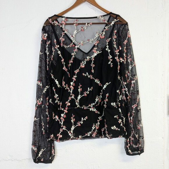 WHBM Embroidered Floral Blouse Large Black Sheer Fairy Grunge Witchy Flowy Dark - Picture 6 of 8